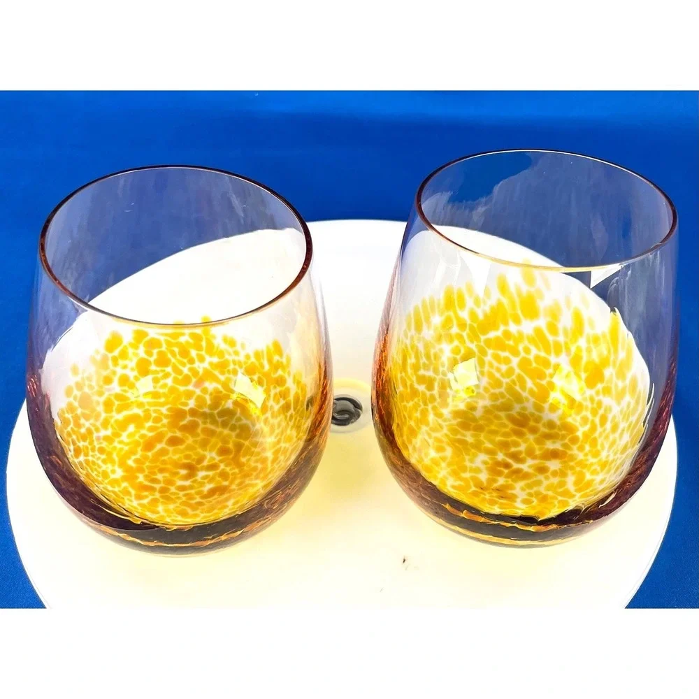 Art Glass Stemless Wine Glasses Set 8 Multicolor‎ Hand Blown Style 13 Oz